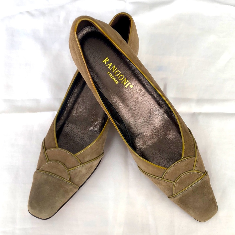 New Rangoni Brown Suede Pumps Shoes Sz 8.5AA Extra Narrow Italy Leather Heels